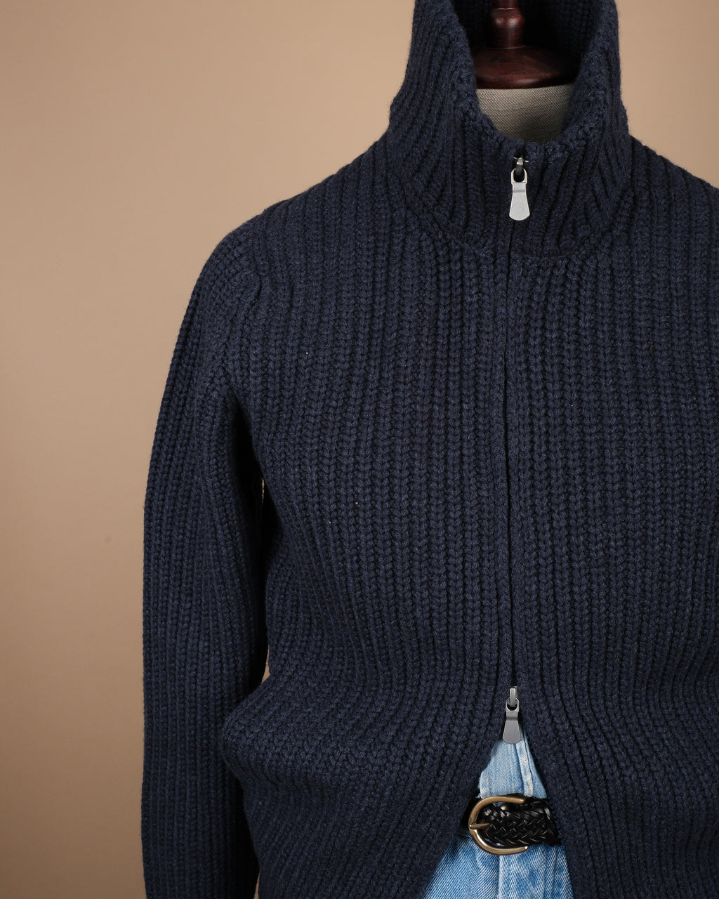 Navy Wool/Cashmere Chunky Zip Cardigan