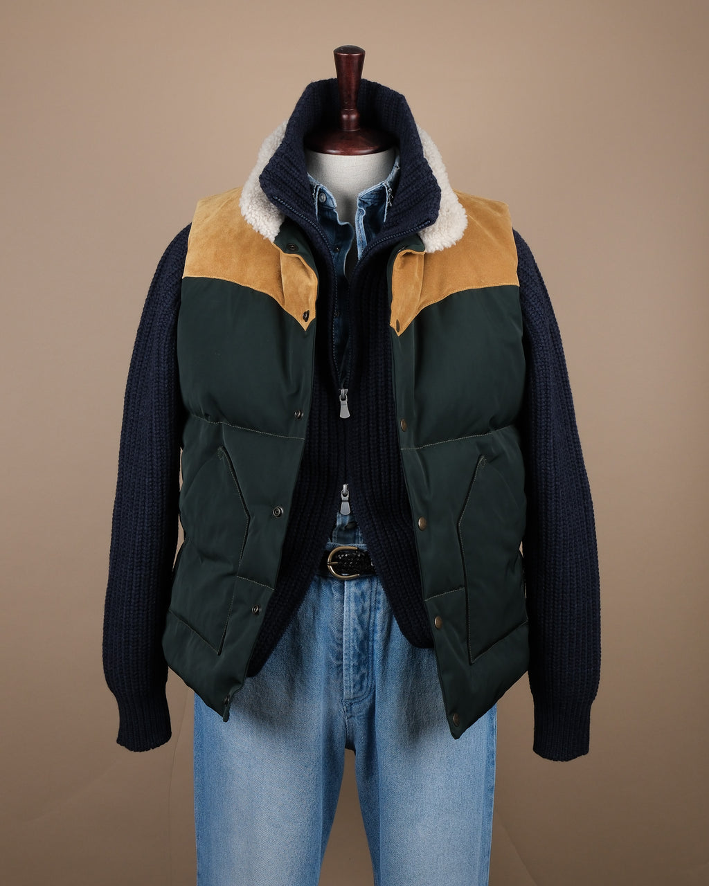 Pine Green Nylon Suede Western Down Vest