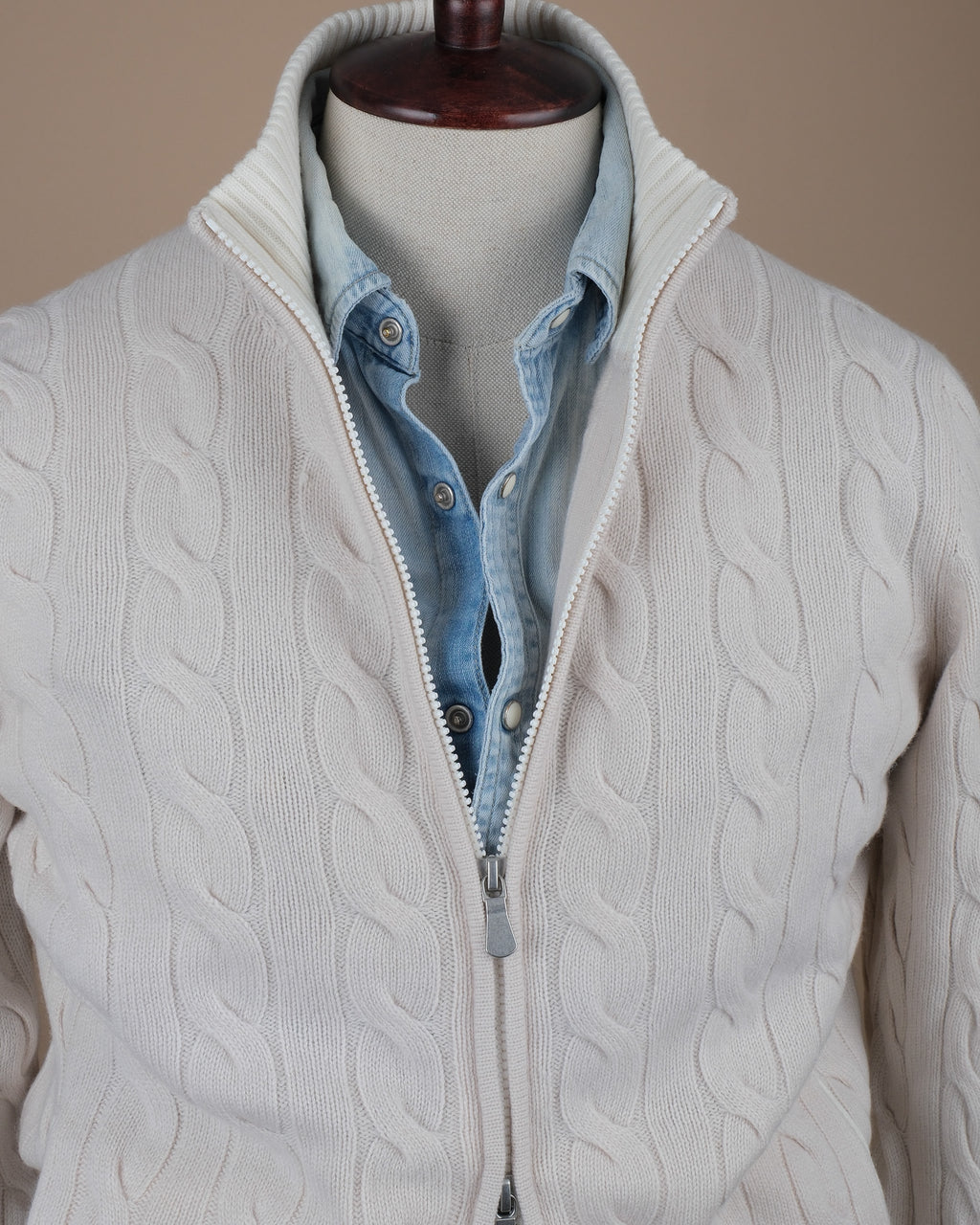 Cream Chunky Wool/Cashmere Cable-Knit Zip Cardigan