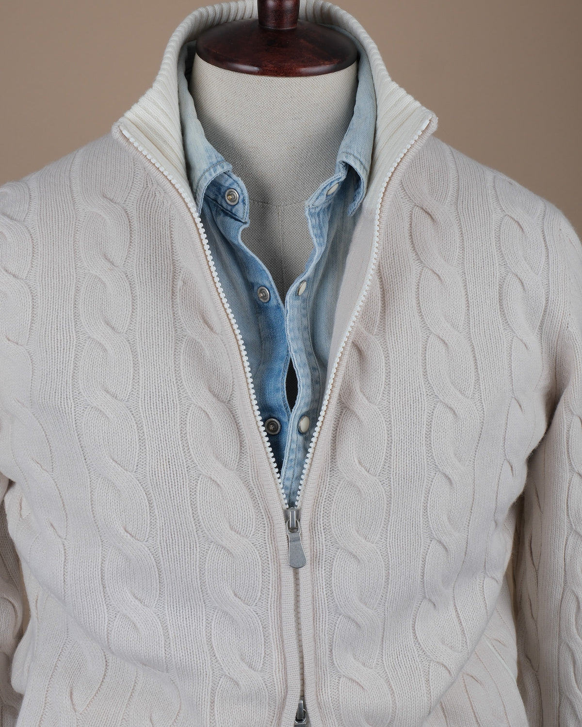 Cream Chunky Wool/Cashmere Cable-Knit Zip Cardigan