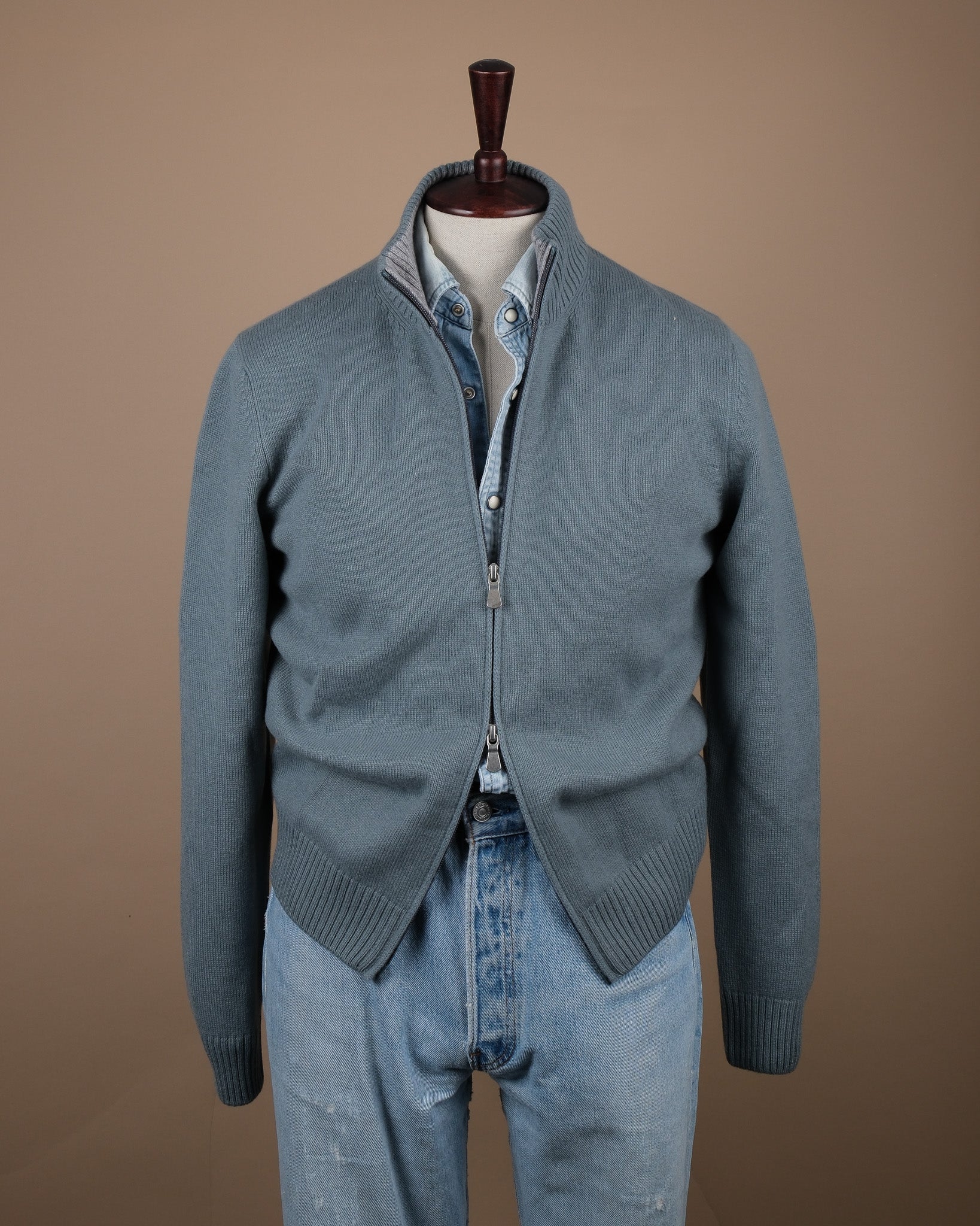 Steel Blue Cashmere Zip Cardigan