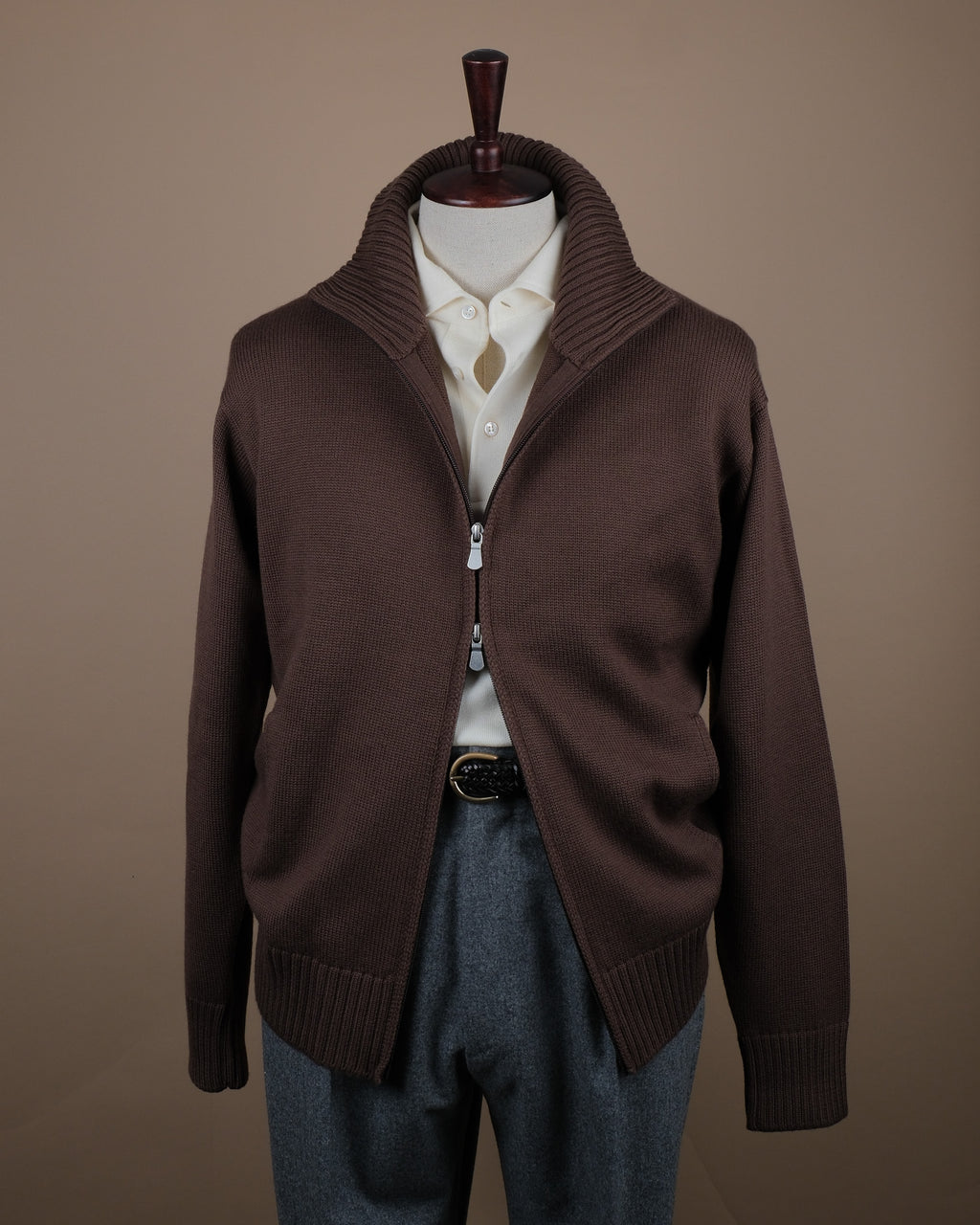 Chocolate Heavy Merino Wool Full Zip Cardigan