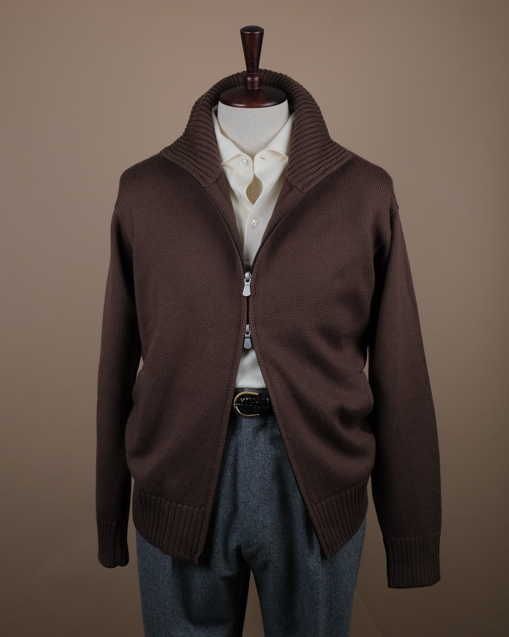 Chocolate Heavy Merino Wool Full Zip Cardigan