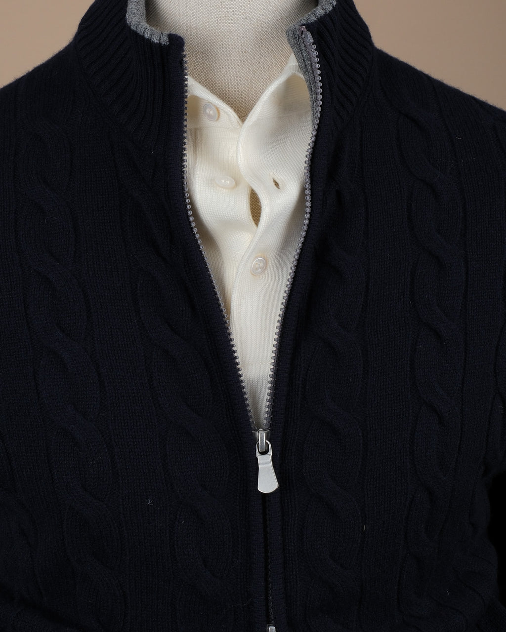 Navy Wool/Cashmere Cable-Knit Zip Cardigan