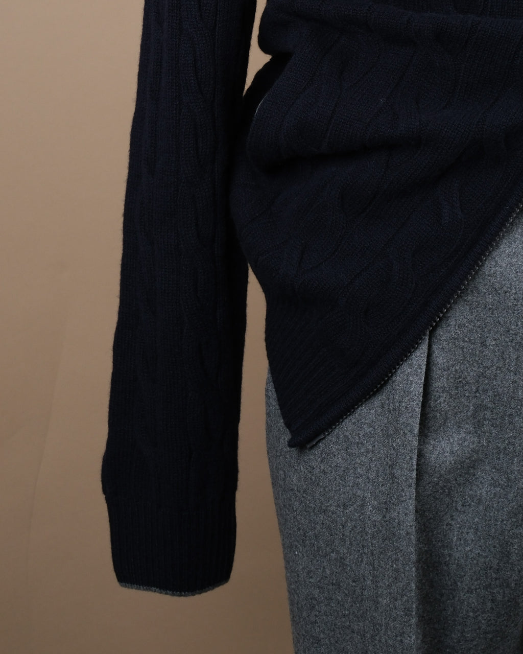 Navy Wool/Cashmere Cable-Knit Zip Cardigan