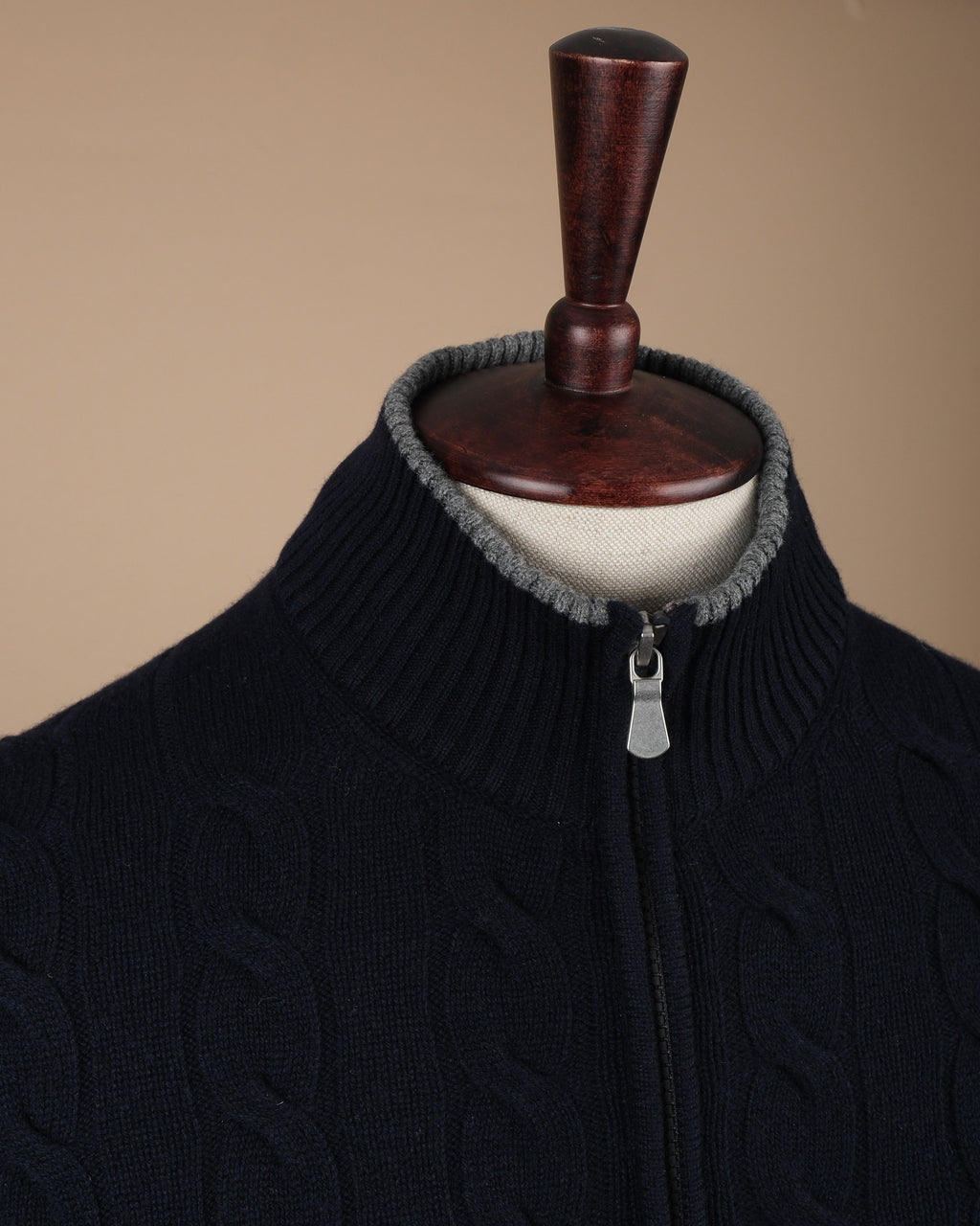 Navy Wool/Cashmere Cable-Knit Zip Cardigan