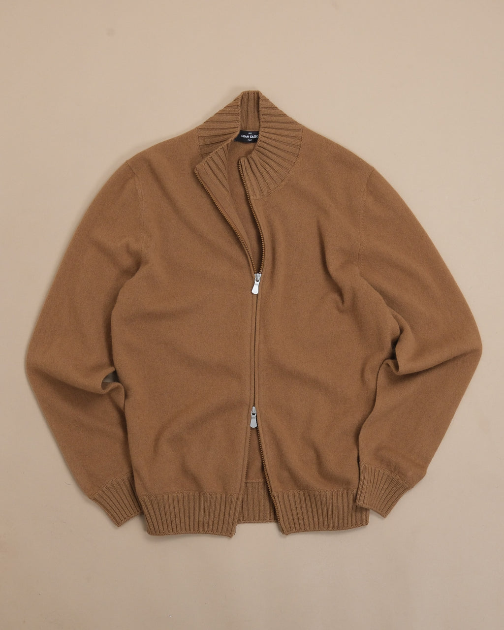 Camel Beige Felted Cashmere Zip Cardigan
