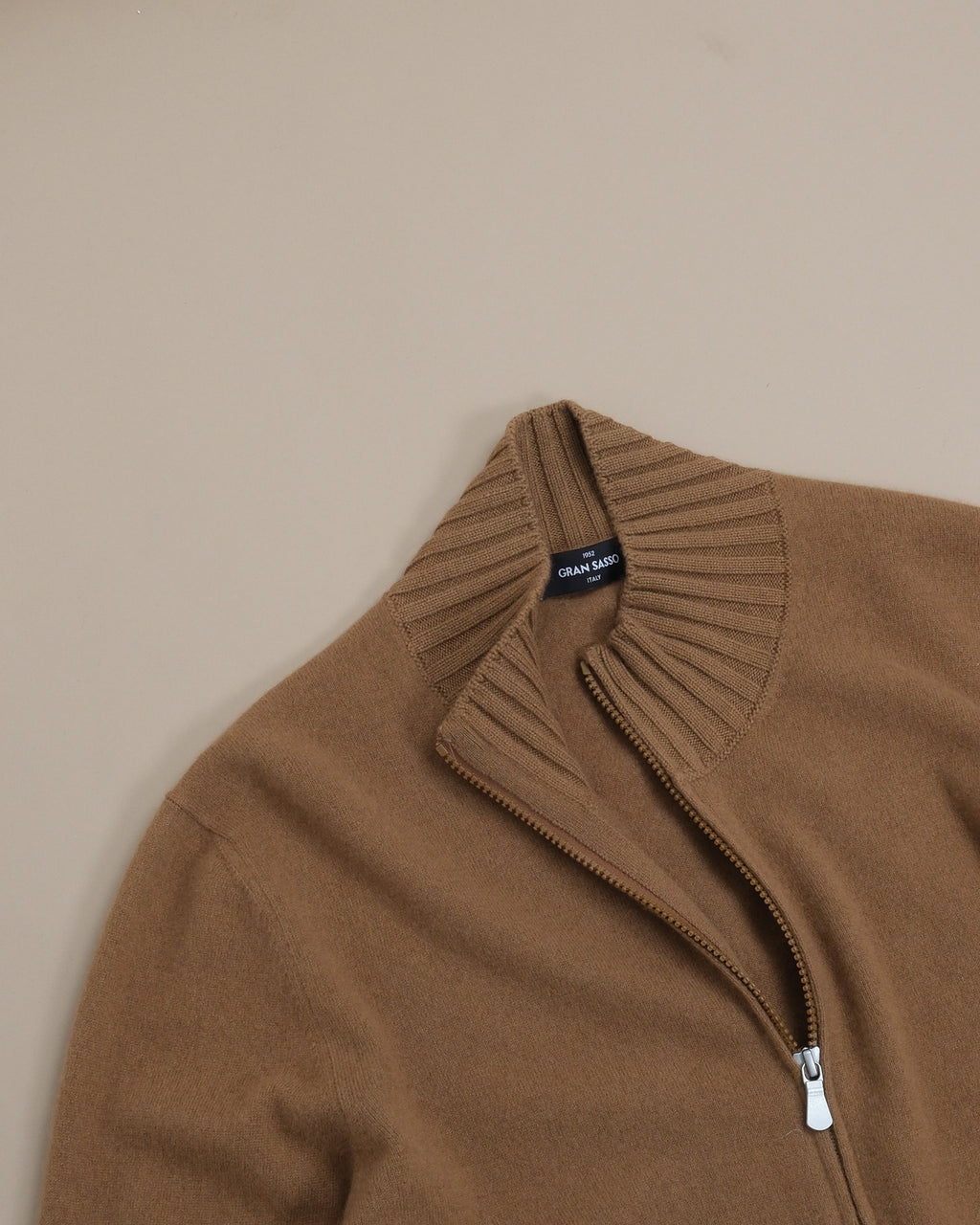 Camel Beige Felted Cashmere Zip Cardigan