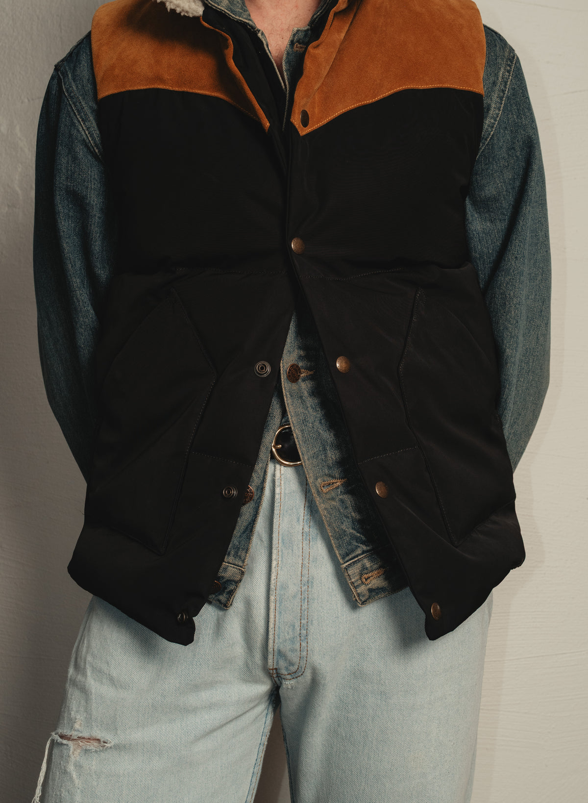 Black Nylon Suede Western Down Vest