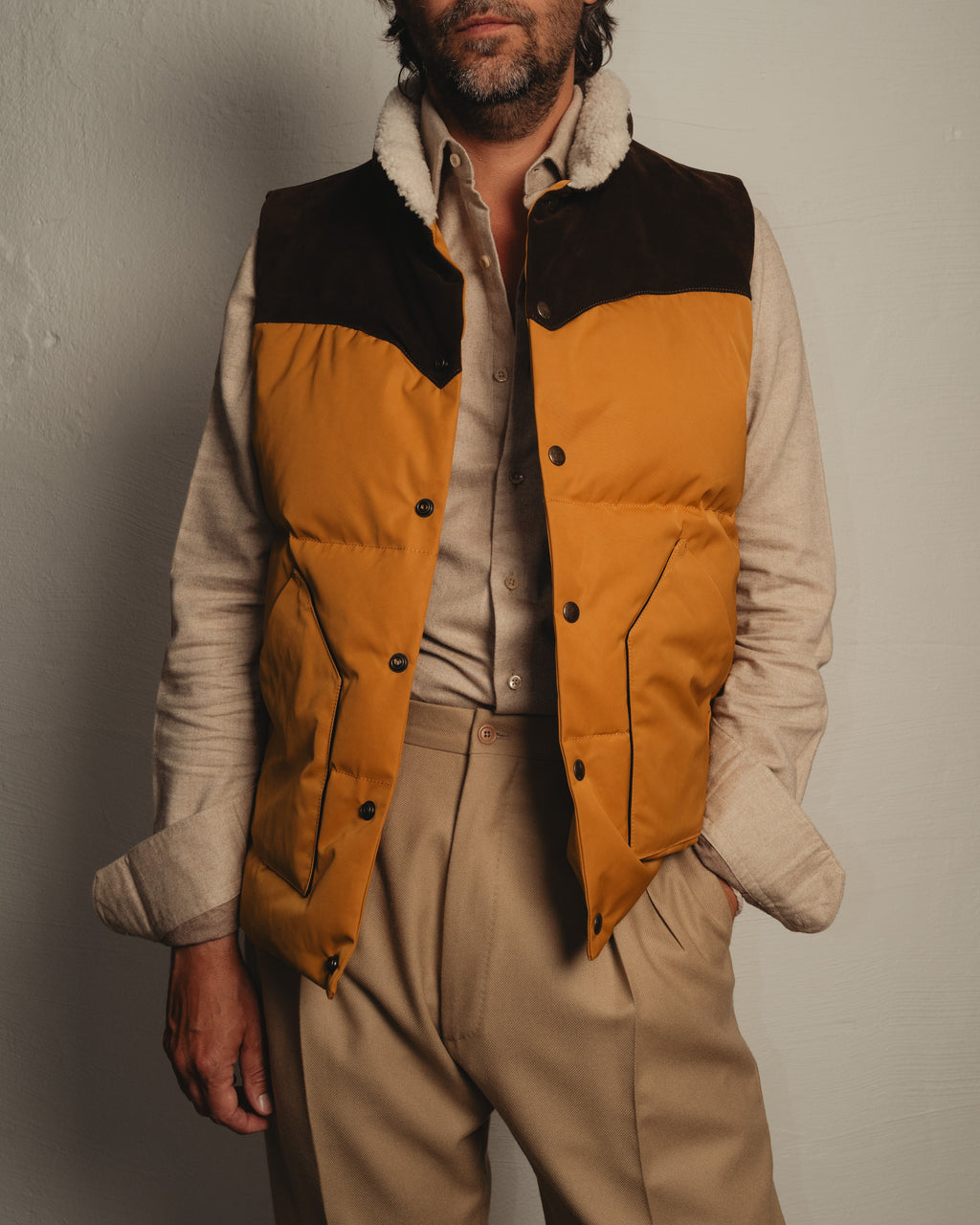 Yellow Nylon Suede Western Down Vest