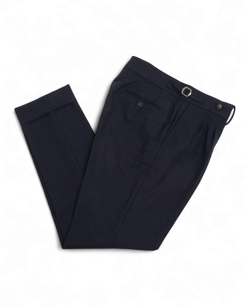 Navy High Twist Wool Pleated Trousers