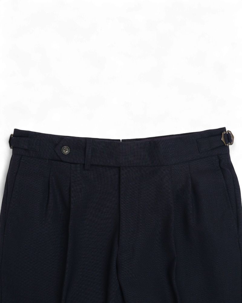 Navy High Twist Wool Pleated Trousers
