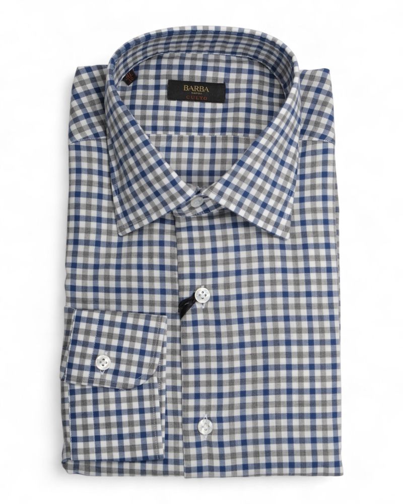 Blue/Grey Gingham Checked Brushed Twill Shirt