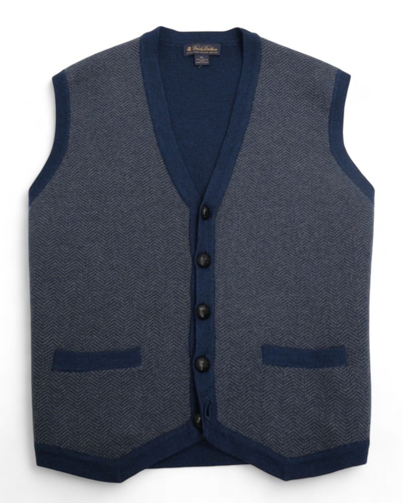 Blue Herringbone Buttoned Knitted Vest