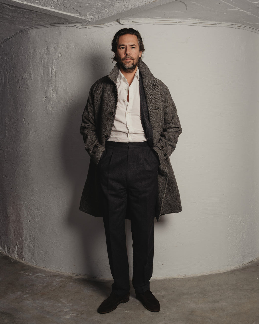Nero/Grigio Virgin Wool Broken Twill Vittorio Raglan Overcoat