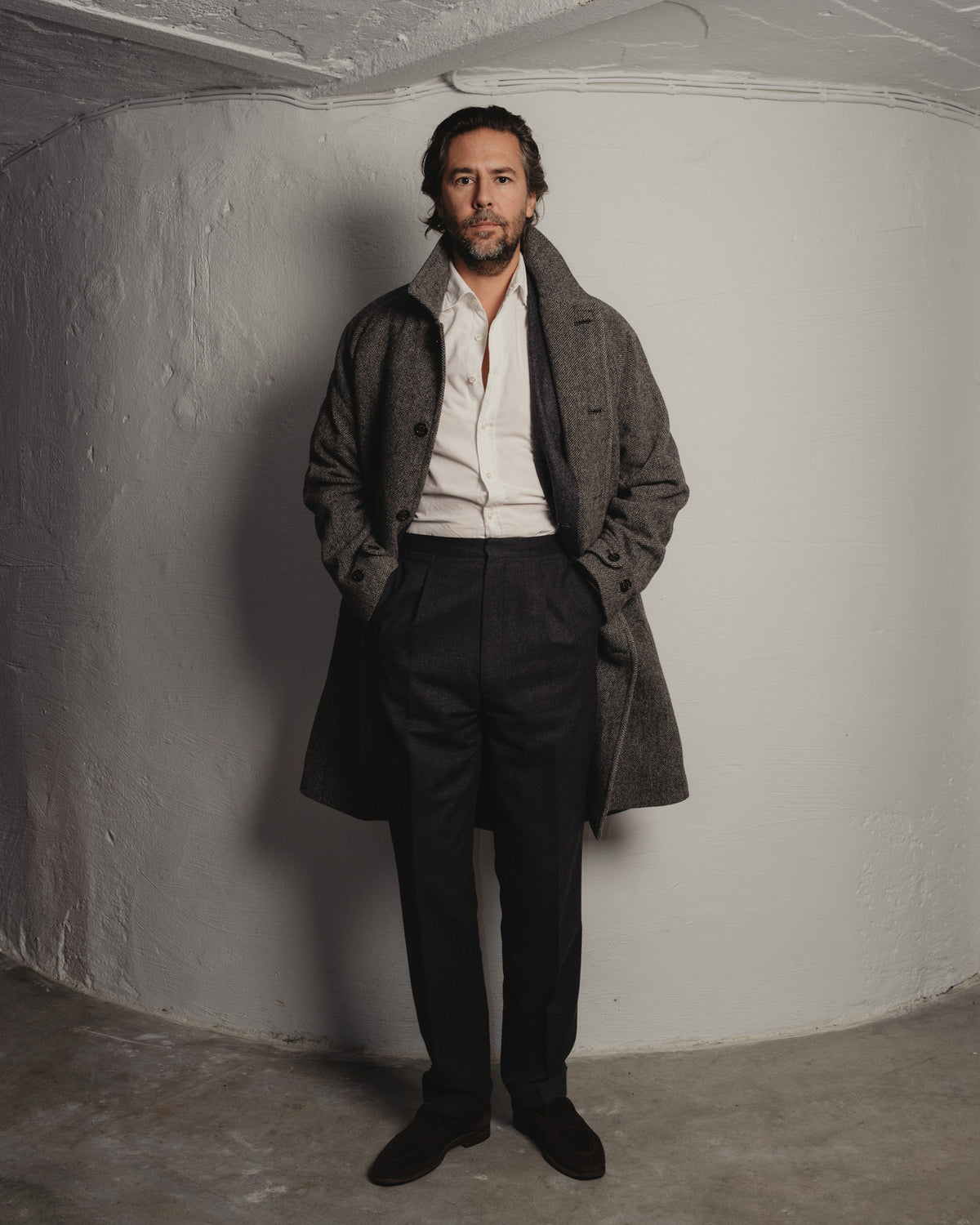 Nero/Grigio Virgin Wool Broken Twill Vittorio Raglan Overcoat