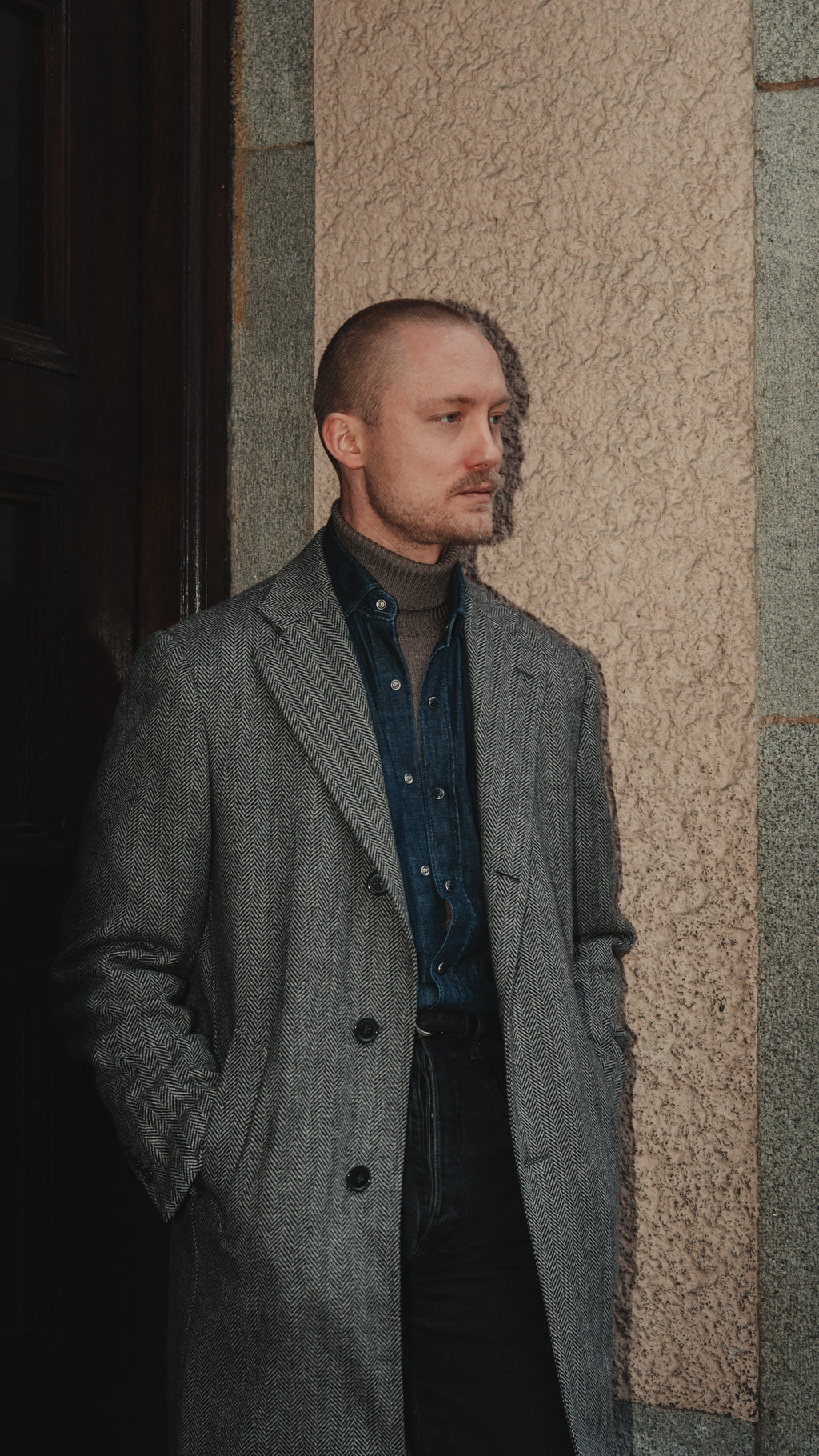 Grey Herringbone Wool & Cashmere Coat