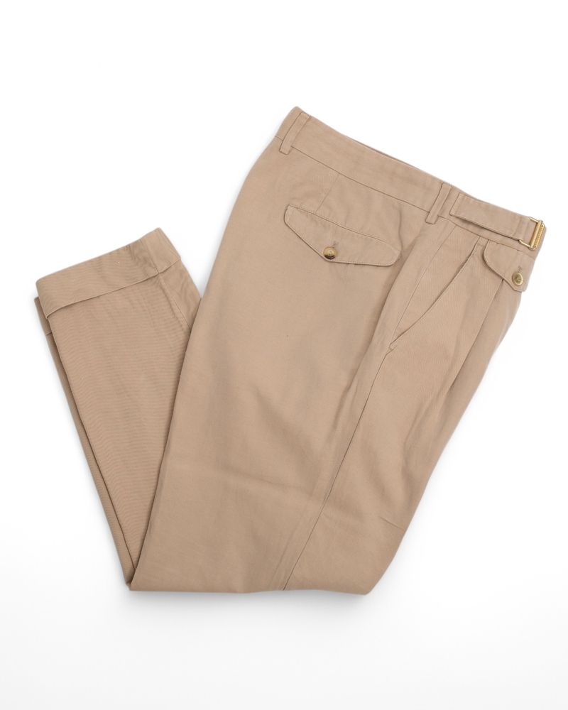 Beige High Rise Pleated Twill Trousers