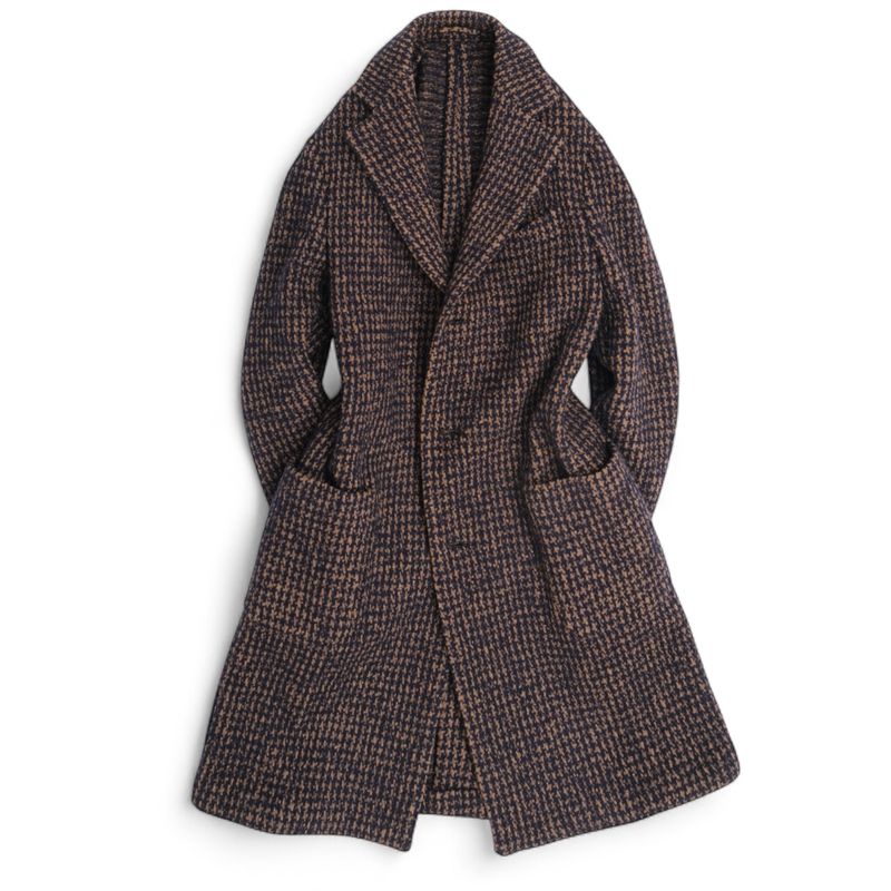 Blue/Beige Unlined Wool & Cotton Houndstooth Coat