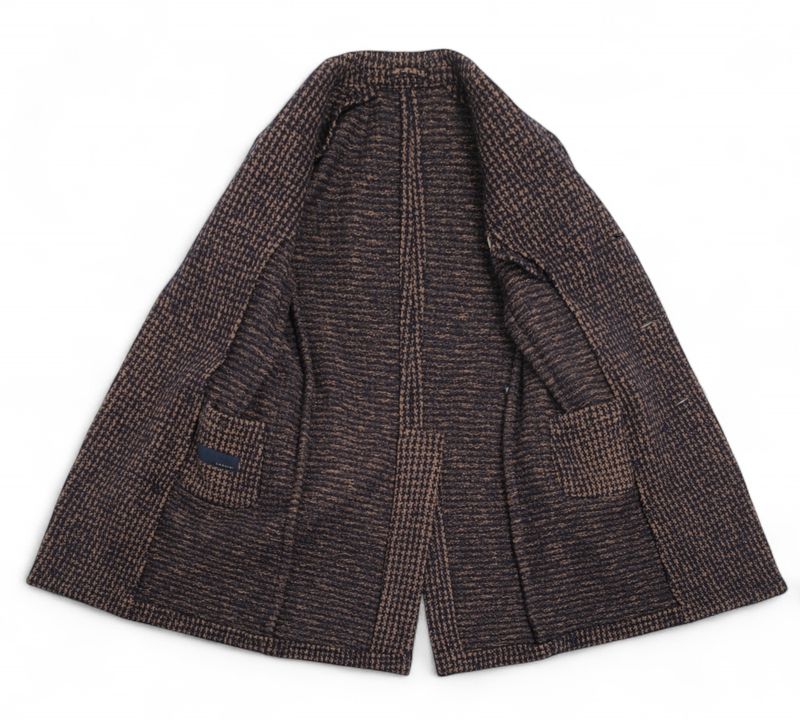 Blue/Beige Unlined Wool & Cotton Houndstooth Coat