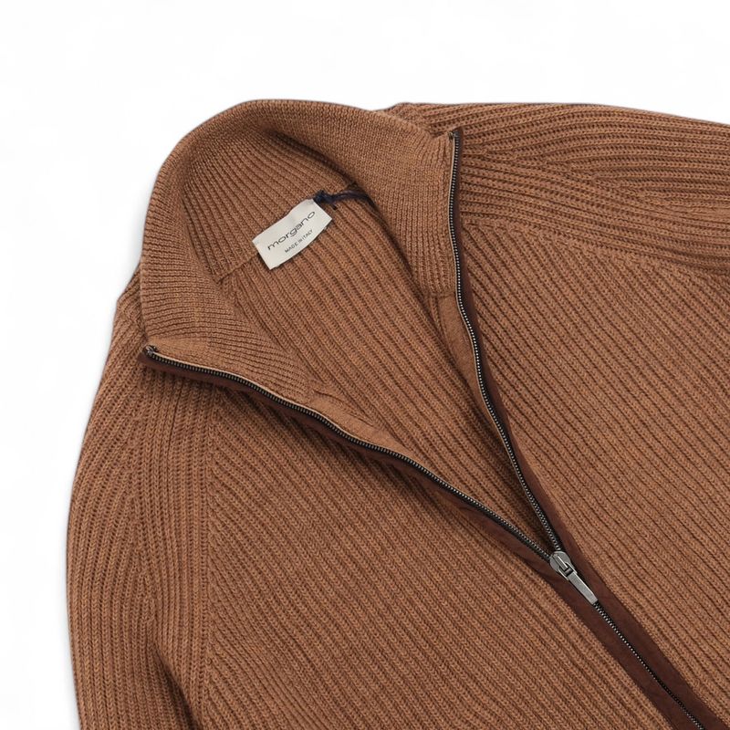 Maple Brown Virgin Merino Full-Zip Cardigan
