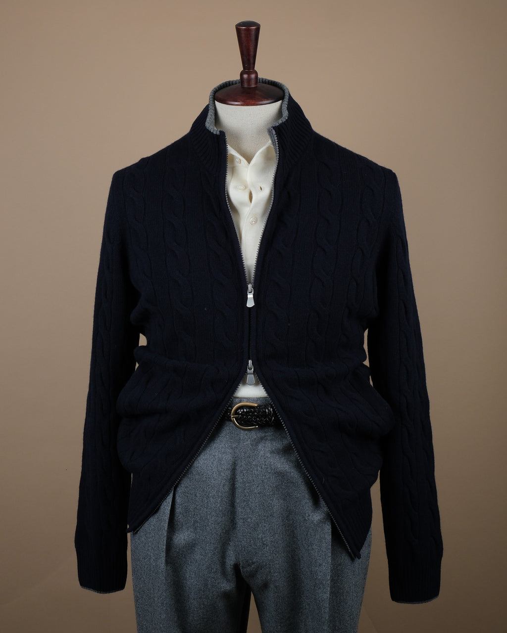 Navy Wool/Cashmere Cable-Knit Zip Cardigan