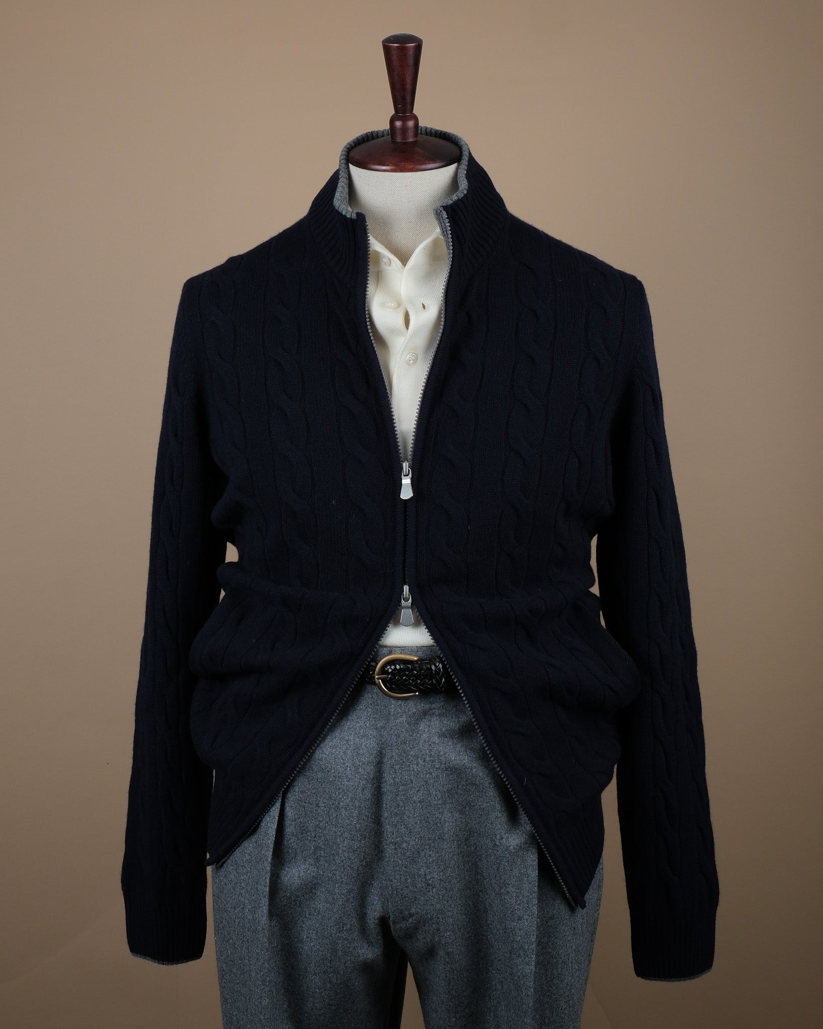 Navy Wool/Cashmere Cable-Knit Zip Cardigan