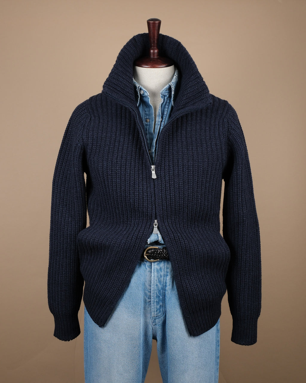 Navy Wool/Cashmere Chunky Zip Cardigan