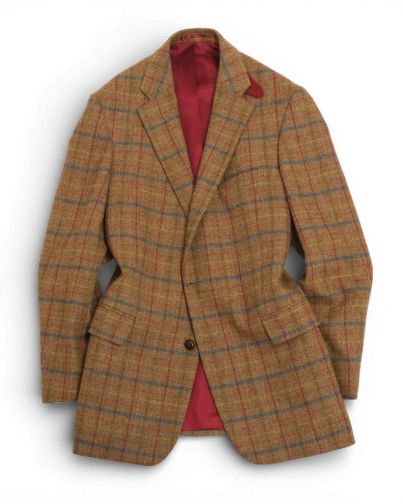 Muted Mustard/Blue/Red Plaid Check Tweed Sports Jacket