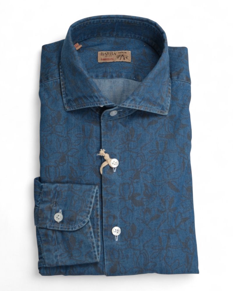 Dark Blue Tropical Floral Denim Shirt