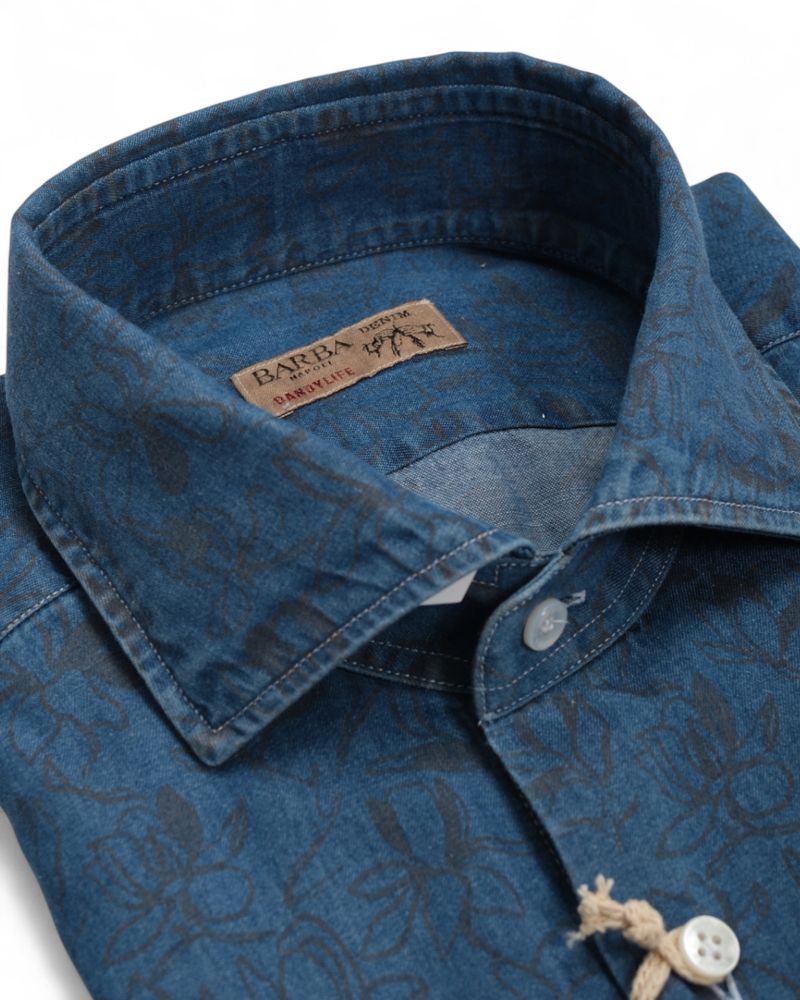 Dark Blue Tropical Floral Denim Shirt