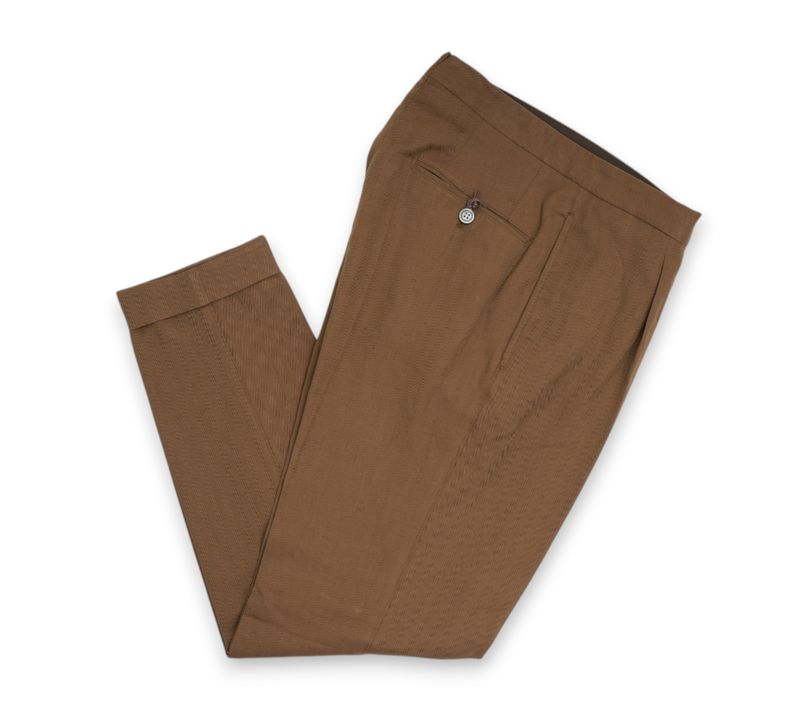 Brown Pleated Mid Rise Herringbone Trousers