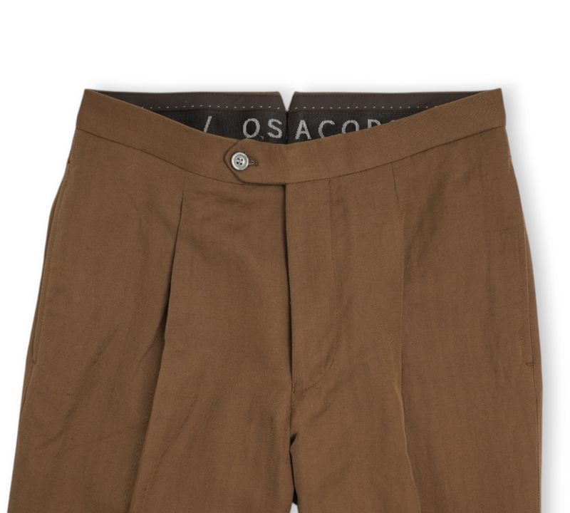 Brown Pleated Mid Rise Herringbone Trousers