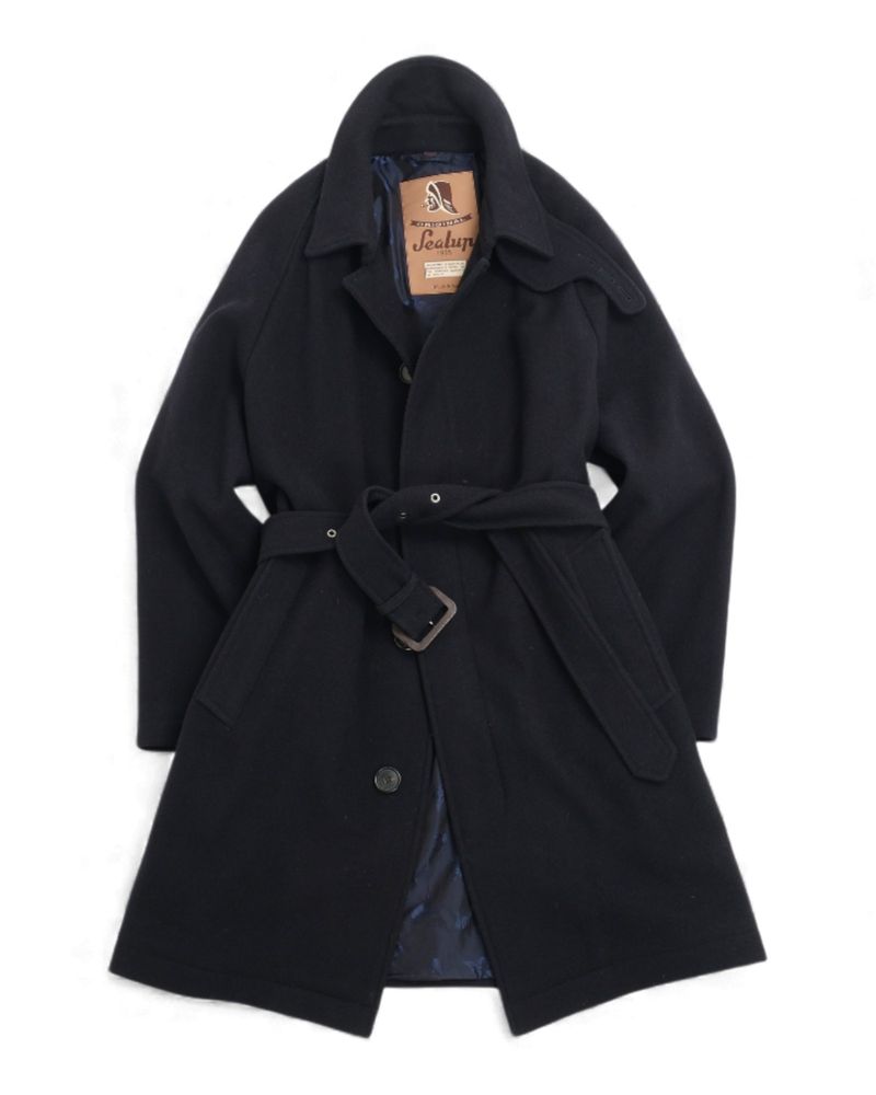 Navy Heringbone Wool & Cashmere Belted Raglan Coat