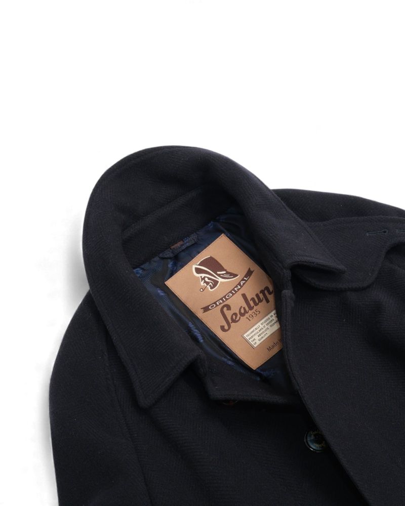 Navy Heringbone Wool & Cashmere Belted Raglan Coat