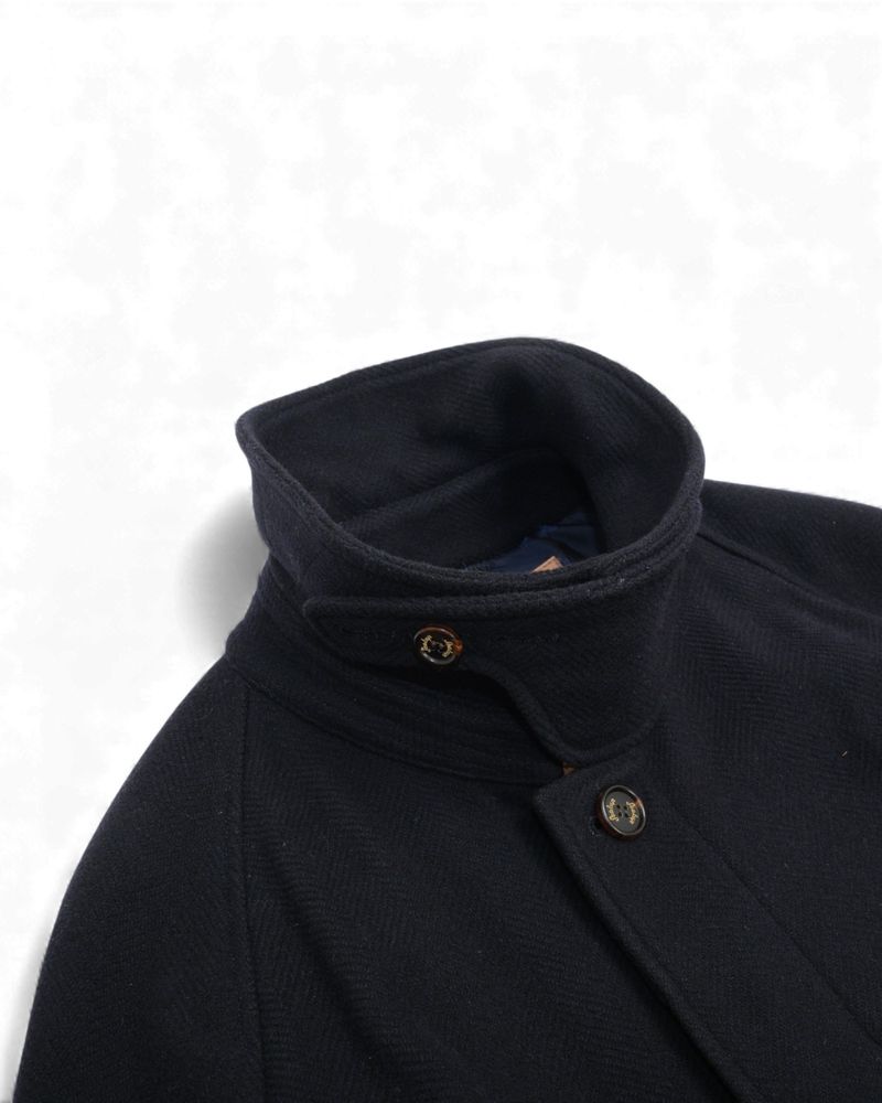 Navy Heringbone Wool & Cashmere Belted Raglan Coat