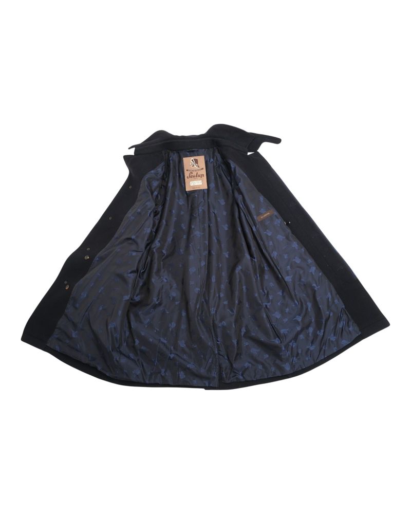 Navy Heringbone Wool & Cashmere Belted Raglan Coat