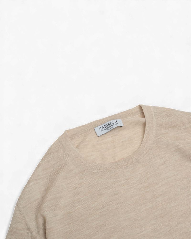 Beige 37 Gauge Ultrafine Merino Crewneck Sweater