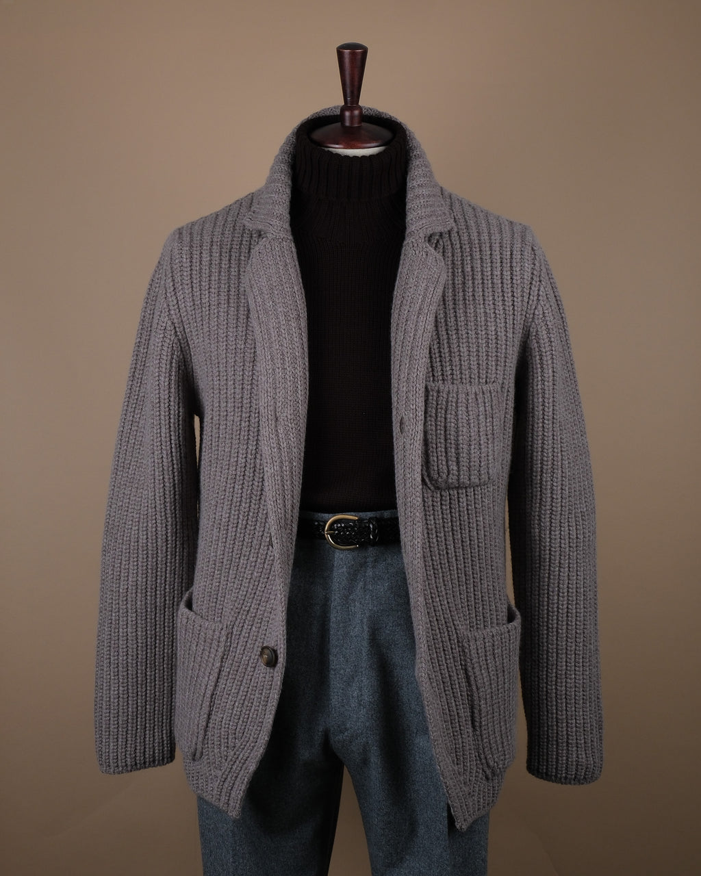 Taupe Grey Chunky Ribbed Cardigan Blazer