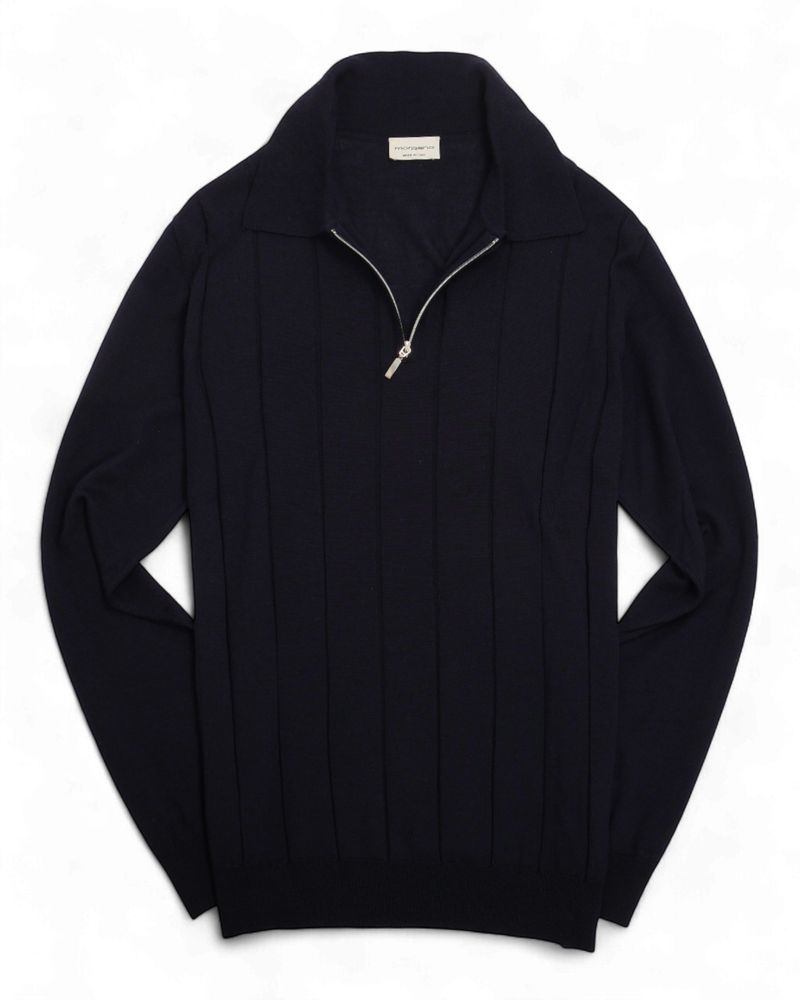 Navy Ribbed Wool & Silk Zip Polo