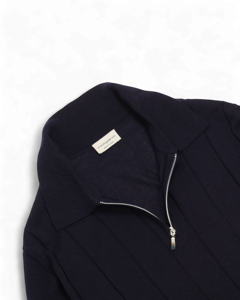 Navy Ribbed Wool & Silk Zip Polo