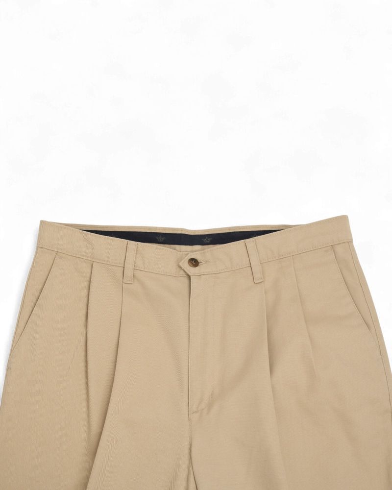 Light Beige High-Rise Pleated Cotton Twill Trousers