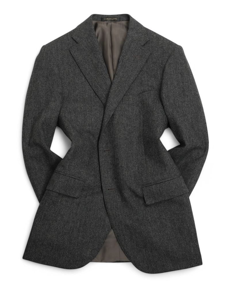 Dark Grey Herringbone Virgin Wool & Cashmere Sports Jacket