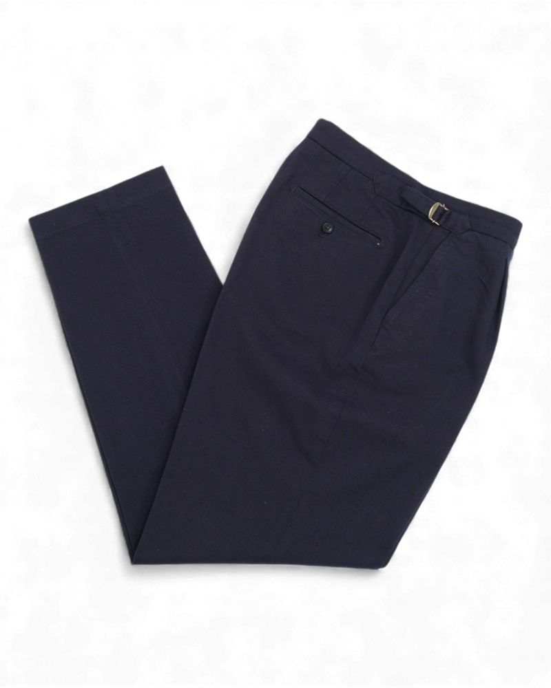Navy Cotton Twill Pleated Trousers