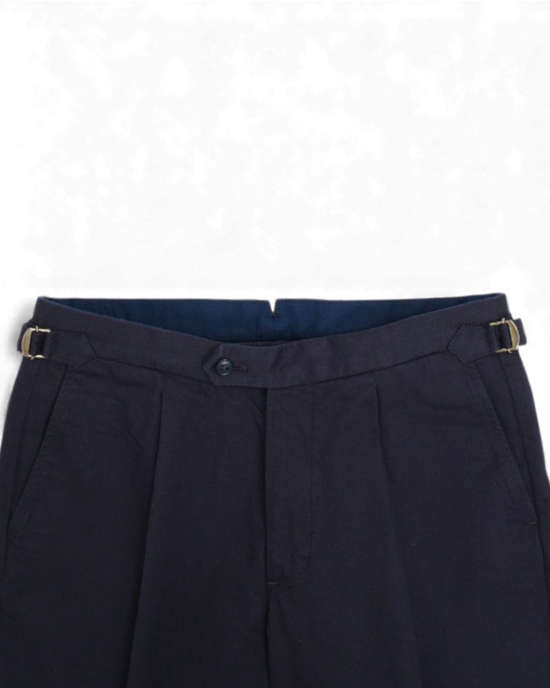 Navy Cotton Twill Pleated Trousers