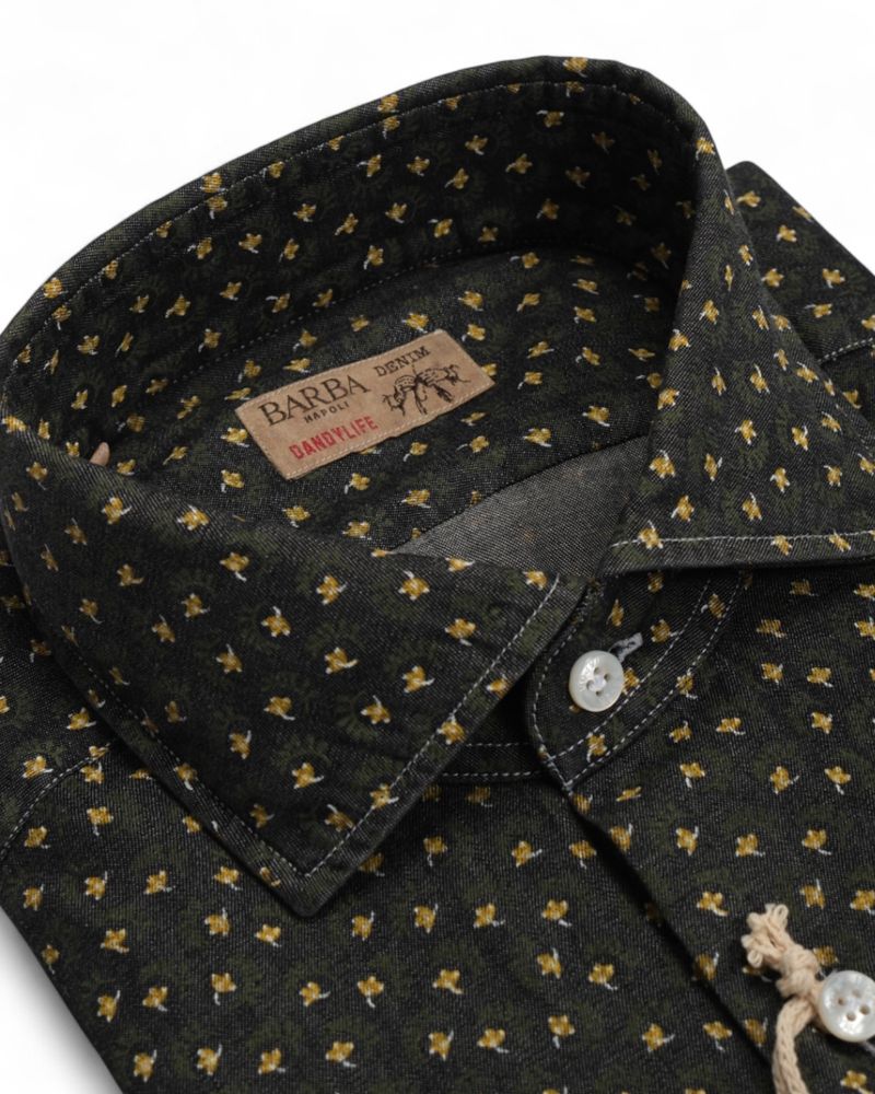 Dark Blue Mini Floral Denim Shirt