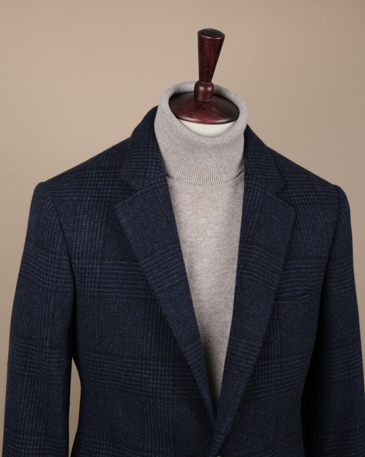 Detail of the notch lapels on the Navy Glen Check Wool/Cashmere Sports Jacket by Cad & The Dandy.