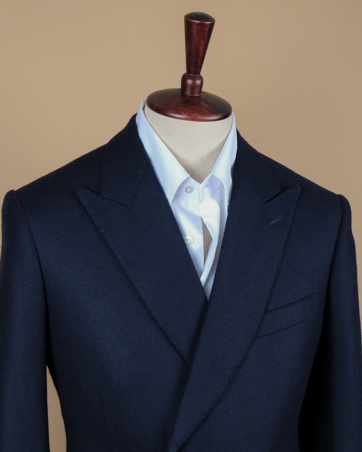 Detail of the peak lapels on the Navy DB. Brushed Hopsack Wool Sports Jacket by Cad & The Dandy. 