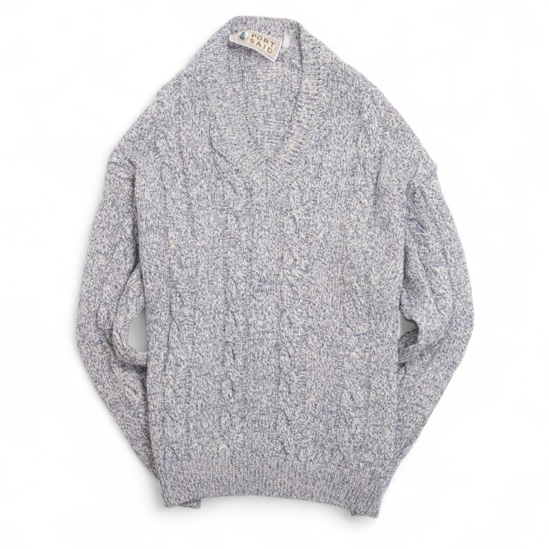 Blue Melange Cable Knitted V-Neck Sweater