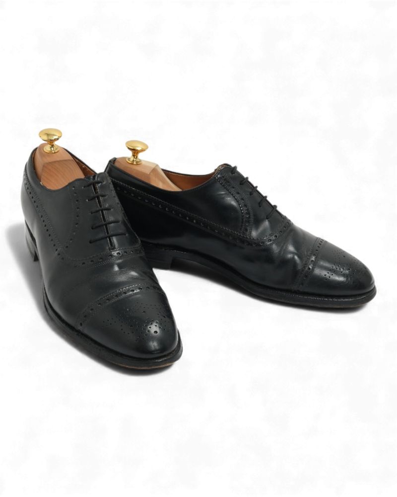 Black Leather Semi-Brogue Cap-Toe Oxfords